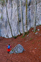 Woman resting while walking the trail to Canalahonda, Collados del Ason Natural Park, Soba Valley, Valles Pasiegos, Cantabria, Spain. November 2018.