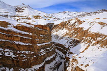 Kibber canyon in Spiti valley, Cold Desert Biosphere Reserve, Himalaya mountains, Himachal Pradesh, India, February