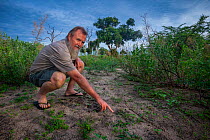 Director of Rhino Conservation Botswana Map Ives reads the footprints of a Black rhino (Diceros bicornis) in Okavango Delta, Botswana, where efforts have begun to rebuild the rhino populations the cou...