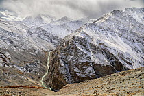 Spiti river and Dhar Chara Thang mountain sen from Malling in Spiti valley, Cold Desert Biosphere Reserve, Himalaya mountains, Himachal Pradesh, India, February