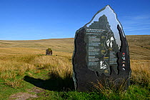 Maen Lila interpretation display sign molded in the shape of the Bronze Age standing stone which is located in the background, Brecon Beacons National Park, Breconshire, Wales, UK. September 2018.