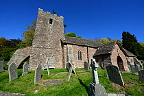 Cwmyoy Church, the tower leans 5.2 degrees from the perpendicular, due to post glacial landslips occurring on Cwmyoy Graig, the church is located on its lower slope, Brecon Beacons National Park, Monm...