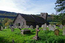 Cwmyoy Church, the tower leans 5.2 degrees from the perpendicular, due to post glacial landslips occurring on Cwmyoy Graig, the church is located on its lower slope, Brecon Beacons National Park, Monm...