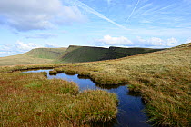 Dystrophic pond on Waun Lefrith and the crags of Bannau Sir Gaer, the Black Mountain / Mynydd Du, Brecon Beacons National Park, Carmarthenshire, Wales, Spetmeber 2018.
