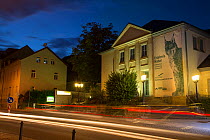 Information Centre for Saxon Switzerland National Park with Eurasian lynx (Lynx lynx) mural on building. Bad Schandau, Germany.