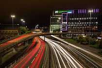 Light trails from car lights, evening rush hour in Glasgow city centre. Scotland, UK.