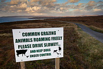 Information Sign in Wester Ross indicating livestock grazing on moorland, Gairloch, Highlands, Scotland, UK.