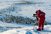 Cameraman Lindsay McCrae filming Emperor penguins (Aptenodytes forsteri) returning to form colony at start of breeding season, for BBC Dynasties Penguin programme, Atka Bay, Antarctica. April 2017.