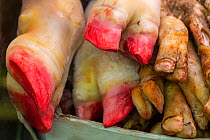 Close up of pig trotters for sale at butchers, North London, England.