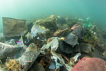 Underwater plastic rubbish such as single use plastic bottles, cups, packaging, labels, waste and woven sacks polluting a coral reef, Sulawesi, Indonesia. November 2018.