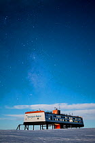 Stars and milky way over Neumayer-Station III, Alfred-Wegener-Institut research station. During full moon. Atka Bay, Antarctica. April 2017.