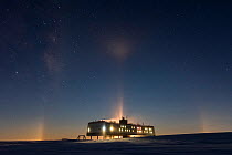 Milky way and moonbow halo during polar night. Above Neumayer-Station III, Alfred-Wegener-Institut research station, Atka Bay, Antarctica. June 2017.