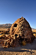 Landscape with a Chullpa / funeray tower. Ceremonial tomb from between 1200-1450 AD, San Juan del Rosario, Bolivia.