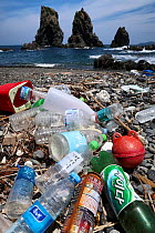 Plastic bottles and other rubbish, found on a beach in Yamaguchi Prefecture, Japan.