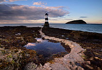 Penmon Lighthouse and Puffin Island at low tide, Anglesey, Wales, UK, August