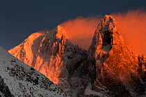 Aiguille du Dru mountain in the last evening sunlight, Chamonix area, Haute-Savoie, Mont Blanc area, France, February