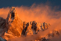 Aiguille du Dru mountain in the last evening sunlight, Chamonix area, Haute-Savoie, Mont Blanc area, France, February