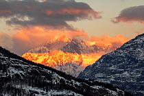 Mont Blanc seen from the Aosta Valley in the first morning light, Gran Paradiso national Park, Aosta Valley, Alps, Italy, December