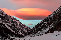 Lenticular cloud, lens cloud at sunset, Valsavarenche valley, Gran Paradiso national Park, Aosta Valley, Alps, Italy, December