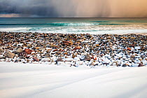 Sun rays through stormy clouds, and snow covered beach, Varanger Peninsula, Norway. March.