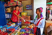 Kayan Lahwi woman with brass neck coils and traditional clothing buying Thai food at the market. The Long Neck Kayan (also called Padaung in Burmese) are a sub-group of the Karen ethnic people from Bu...