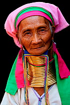 Head portrait of a Kayan Lahwi woman with brass neck coils and traditional clothing. The Long Neck Kayan (also called Padaung in Burmese) are a sub-group of the Karen ethnic people from Burma. They we...