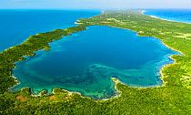 Aerial view of an inland land locked alkaline lagoon on Eleuthera Island, Bahamas. February 2018.