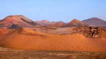Volcanic landscape with several volcanic cones, Timanfaya National Park, Lanzarote, Canary Islands, February 2018.