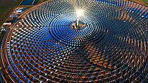 Aerial shot of the Gemasolar Thermosolar Plant owned by Torresol Energy, it uses molten salt as its heat transfer fluid and energy storage medium to produce energy for up to 24 hours a day, Seville, S...