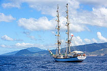 Fryderyk Chopin, a Polish brig-rigged sailing-ship. Dominica, Caribbean Sea, Atlantic Ocean