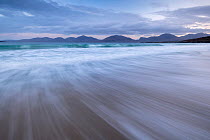 Luskentye beach, mountains and incoming tide, Isle of Lewis and Harris, Outer Hebrides, Scotland, UK. October 2018.
