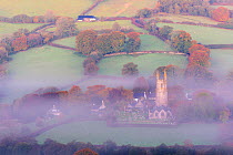 Widecombe on the Moor, early morning mist and autumnal colours, Dartmoor National Park, Devon, UK. October 2018.