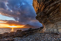 Sunset over the Cullin Mountains from Elgol shoreline, Isle of Skye, Scotland, UK, April.