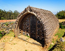 Dogle / hut of the Toda tribe, with thatched roof. Nilgiri Mountains, Tamil Nadu, India. 2014.