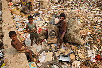 Three boys standing amongst rubbish, residents of landfill site. Guwahati, Assam, India. 2009.