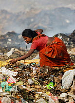 Woman picking through rubbish on landfill site. Guwahati, Assam, India. 2009.