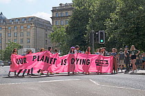 School children stopping traffic by blockading a pedestrian crossing for seven minutes at a time, holding part of &#39;The youth are crying our planet is dying&#39; banner. On day of Extinction Rebell...