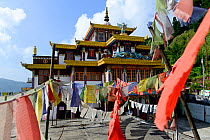 Mag-Dhog Yolmowa Monastery, Darjeeling, surrounded by buddhist prayer flags. West Bengal, India, October.