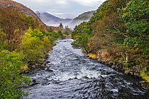 River Glaslyn looking west along the Gwynant valley towards Moel Hebog on a misty morning near, Beddgelert Snowdonia National Park, North Wales, UK, October 2018.