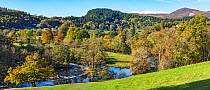 Horseshoe Fals on the River Dee near Llangollen looking west with Llantysilio Mountain in the background on the right, North Wales, UK November 2018.