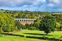 Pont-Cysyllte aqueduct over the River Dee viewed from the east with the town of Trevor in the background, Vale of Llangollen, North Wales, UK, September 2018.