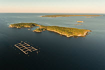 Aerial view of an abandoned open pen aquaculture facility in Port Mouton, Port Joli, Nova Scotia, Canada. August