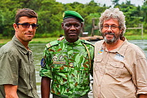 Managing director and Conservation director of Beauval Zoo with head conservationist of Bateke Plateau National Park, following the reintroduction of two female Western lowland gorillas (Gorilla goril...