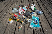 Rubbish found by one volunter during monthly Little penguin (Eudyptula minor) colony nesting clean up. St Kilda breakwater, Melbourne, Victoria, Australia. 2018.