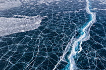 Transparent black ice with cracks on Lake Baikal, aerial shot. Photographed for The Freshwater Project extended. Near Khuzhir, Olchon Island, Irkutsk Oblast and Buryat Republic, Siberia, Russia. Febru...