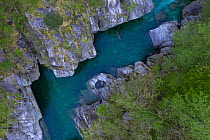 Verzasca River flowing through banded Gneiss rock, aerial shot. Photographed for The Freshwater Project extended. Lavertezzo, Canton of Ticino, Switzerland. May 2019.