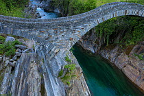 Ponte Romano bridge over Verzasca River, aerial shot. Photographed for The Freshwater Project extended. Lavertezzo, Canton of Ticino, Switzerland. May 2019.