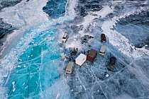 Dive camp of Swiss-Russian dive team on frozen Lake Baikal. Near shore, aerial shot. Photographed for The Freshwater Project extended. Near Khuzhir, Olchon Island, Irkutsk Oblast and Buryat Republic,...