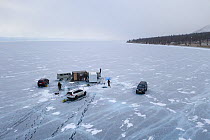 Dive camp of Swiss-Russian dive team on frozen Lake Baikal. Near shore, aerial shot. Photographed for The Freshwater Project extended. Near Khuzhir, Olchon Island, Irkutsk Oblast and Buryat Republic,...
