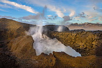 Spray shoots up from a blow hole on the Dyrholaey Peninsula, near Vik, Iceland, March.